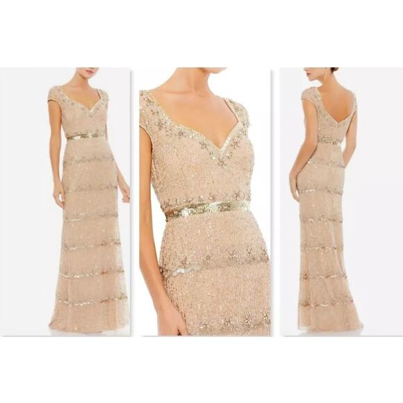 Mac Duggal Dresses & Skirts - Mac Duggal Women's Size 8 Beige Nude Gold Embellished Long Formal Gown